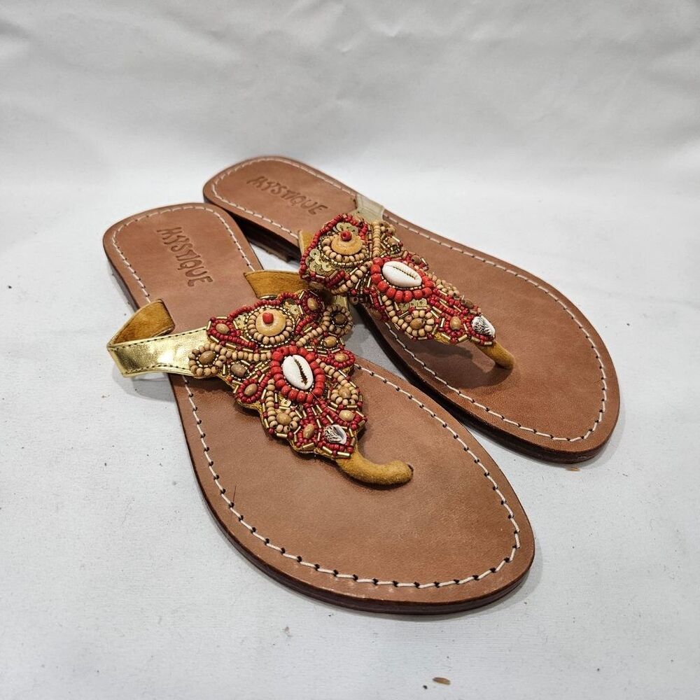 Mystique Beaded Cowrie Shell Leather Thong Sandals Boho Gold Red Size 8